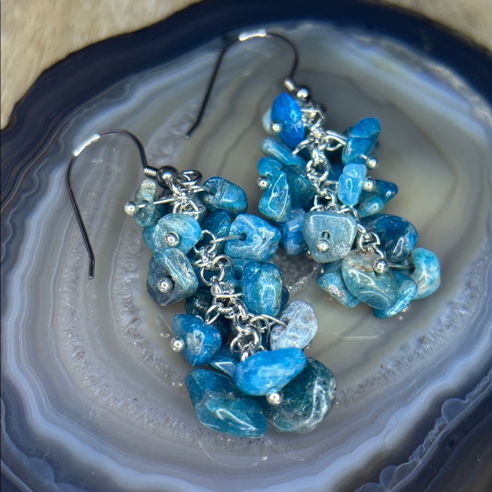 Blue Apatite Stone Chip Dangling Cluster Style Earrings